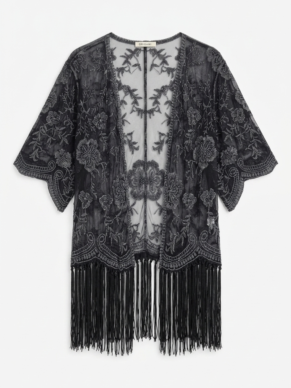 Ornate Sheer Embroidered Fringe Kimono Tunic - Black
